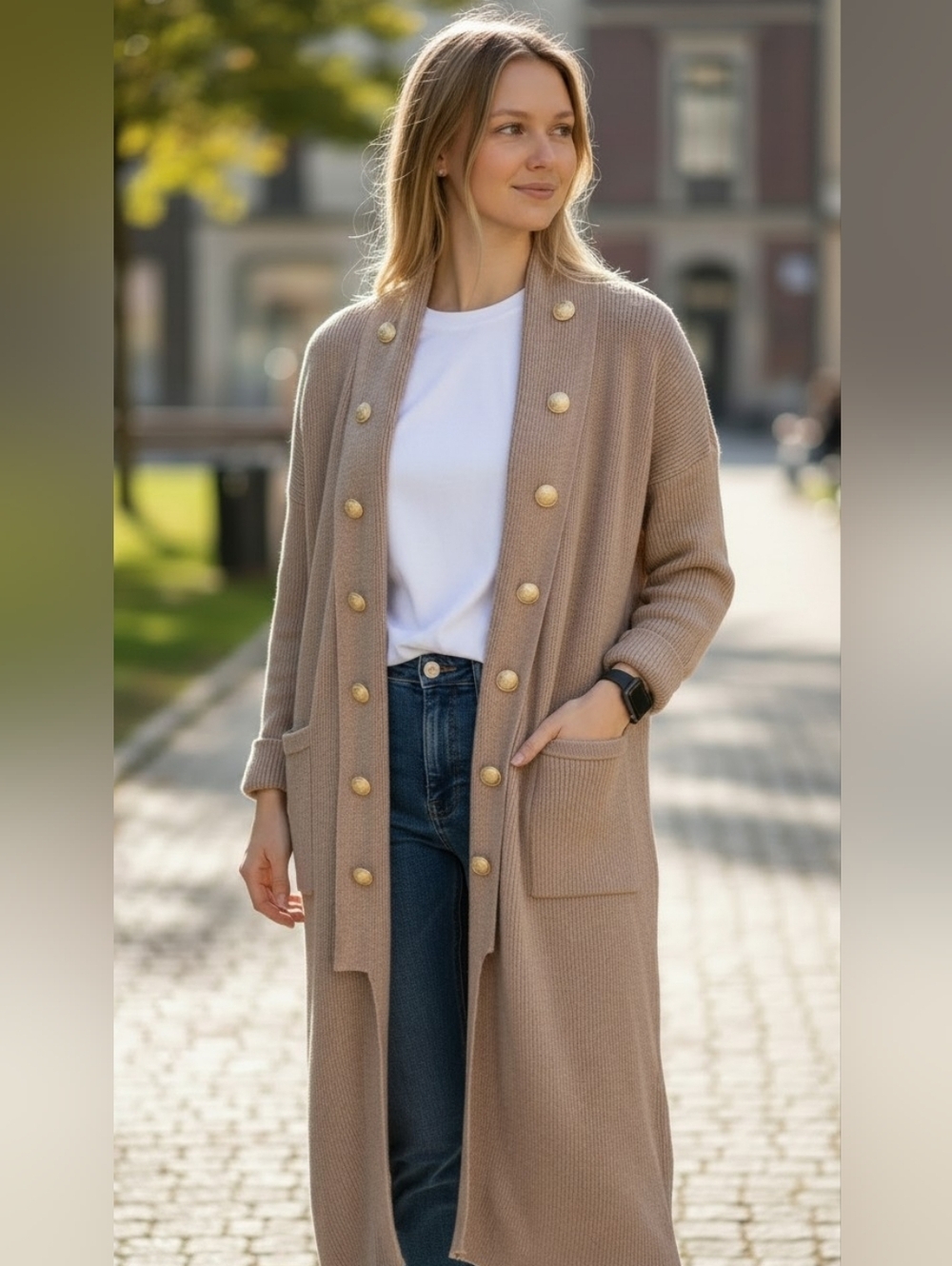 NY & Co Long Knit Duster Cardigan Tan Gold Button Long Sleeves Size Medium